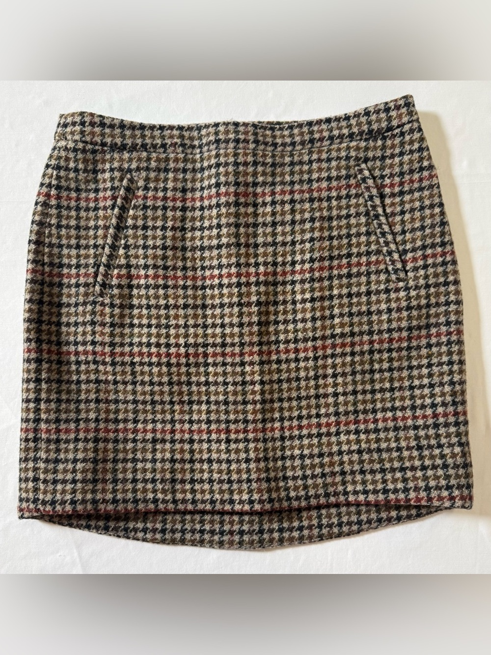 J. Crew Tan, Brown, & Rust Wool Houndstooth Lined Skirt with Pockets Size 4 NWOT